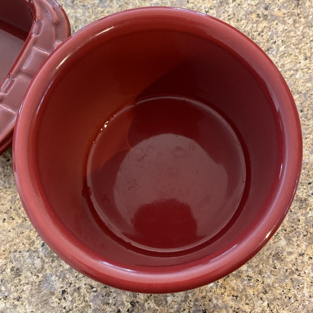 Longaberger Pottery Paprika Red Woven Traditions Small Loaf Pan, Pint Crock, Lid - Picture 7 of 14